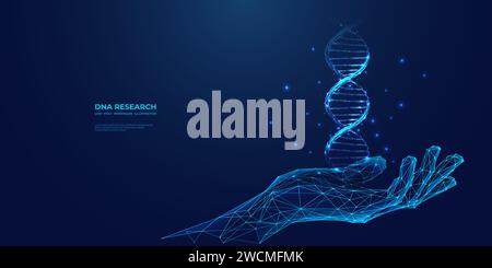 Abstraktes Hologramm einer DNA-Helix in einer Hand auf blauem Hintergrund. Stock Vektor