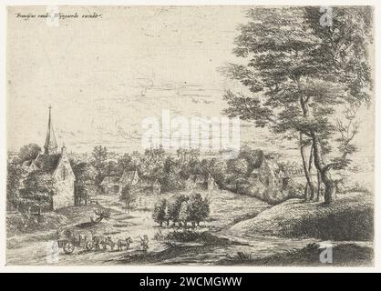 Blick auf ein Dorf mit einem überdachten Wagen, Lucas van Uden, 1605 - 1673 drucken Dorf mit einer Kirche und einem überdachten Wagen, der von drei Pferden gezogen wird. Niederländische Papiergravur Dorf. Gedeckter Wagen, Wagen mit Kapuze Stockfoto