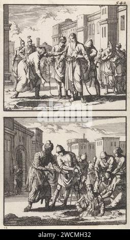 Jeremiah wird in eine Grube geworfen / Jeremiah aus der Grube gezogen, Jan Luyken, 1698 drucken zwei Aufführungen eines Tellers. Oben rechts nummeriert: 542. Amsterdamer Papier, das Jeremiahs Gefangenschaft graviert. Jeremiah wird aus dem Kerker entlassen Stockfoto