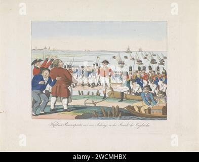 Napoleon als Gefangener in England, CA. 1814, Anonym, 1814 – 1815 Cartoon über Napoleon, in dem man sehen kann, wie Napoleon und seine französischen Truppen als Gefangene britischer Soldaten nach England gebracht werden. An Land treffen sie lächelnde Engländer. Cartoon über den Fall Napoleons, CA. 1814-1815. Deutschland-Papier, das die Verhaftung des flüchtigen Herrschers einsetzt Stockfoto