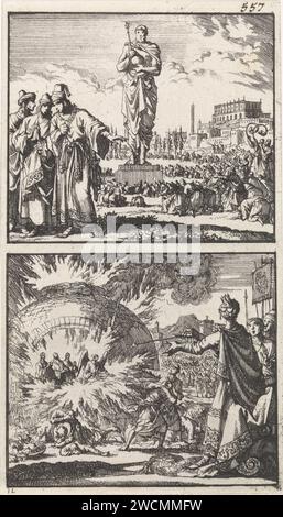 Die Götzenbilder Nebukadnezars / drei Jugendliche im brennenden Ofen, Jan Luyken, 1698 drucken zwei Aufführungen eines Tellers. Oben rechts nummeriert: 557. Amsterdamer Papier, in dem die goldene Statue geweiht wird: In Anwesenheit von König Nebukadnezar werden Trompeten geblasen und alle Menschen, die das Bild umgeben, fallen auf die Knie. Die Geschichte der drei Hebräer im Feuerofen (Daniel 3) Stockfoto