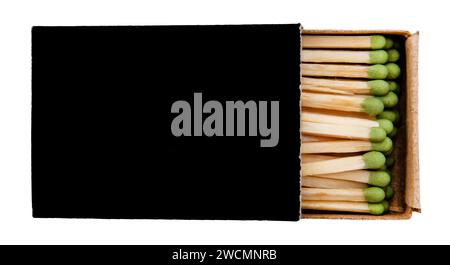 Öffne die Blackbox mit Streichhölzern auf weißem Hintergrund. Feuer. Feuer. Sicherheit. Stimmen Sie das Isolat mit grünem Schwefel ab Stockfoto