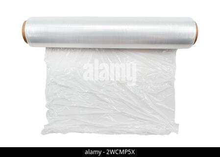 Rolle aus Polyethylenfolie auf weißem Hintergrund. Verpackungsmaterial Stockfoto