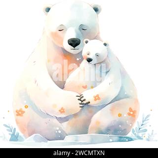 Niedlicher Eisbär mit Mutter Aquarell Kinderbuch Illustration Stil auf weiß Stock Vektor