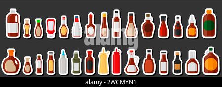 Illustration zum Thema Big Kit verschiedene Glasflaschen gefüllte flüssige Soße Ketchup, Flaschen bestehend aus Soße Ketchup, leere Etiketten für Titel, Soße Stock Vektor