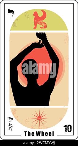 Ägyptische Tarot-Karte Nummer zehn, genannt das Rad. Silhouette einer Person mit erhobenen Armen und kleiner Sphinx. Stock Vektor