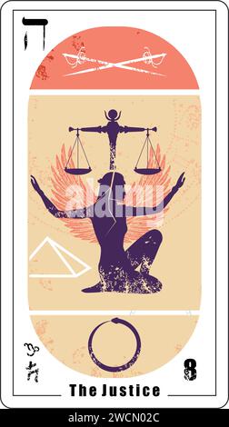 Tarot-Karte Nummer acht, Justiz genannt. Silhouette einer Frau mit offenen Armen und einer Skala. Ägyptisch Stock Vektor