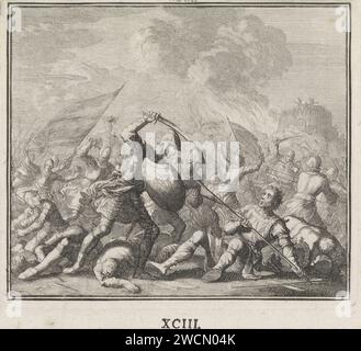 Emblem: War, Jan Luyken, 1695 - 1705 gedruckte Soldaten kämpfen auf einem Schlachtfeld. Ein Schloss brennt im Hintergrund. Printmacher: Amsterdampublisher: Nürnberger Papierätzung abstrakte Ideen und Konzepte. Kampf von Hand zu Hand ( Battle). Krieg Stockfoto