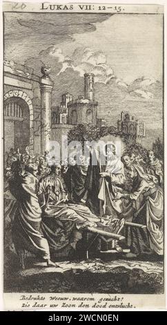Wiederbelebung des Sohnes der Witwe von Nain, Anonym, nach Jan Luyken, 1712 Druck Amsterdamer Papier Ätzen Christus berührt das Bier des Sohnes der Witwe von Nain: Der junge Mann setzt sich auf Stockfoto