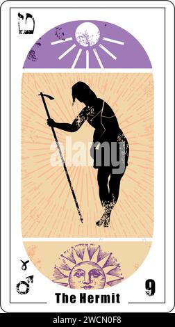 Ägyptische Tarotkarte Nummer neun, Einsiedler genannt. Silhouette von Jesus von Tizian in weiß. Stock Vektor