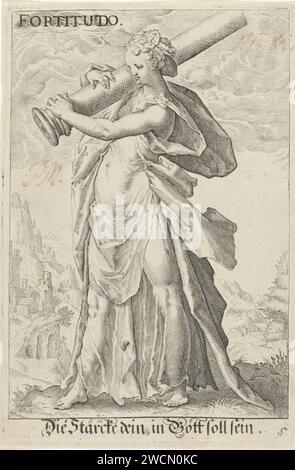 Kracht (Fortitudo), anonym, nach Jacob Matham, nach Hendrick Goltzius, 1587–1637 drucken die personalisierte Kraft; Eine weibliche Figur mit einer gebrochenen Säule über der rechten Schulter. Eine hügelige Landschaft im Hintergrund. Papierstich Fortitude, Fortitudo, eine der vier Kardinaltugenden Stockfoto
