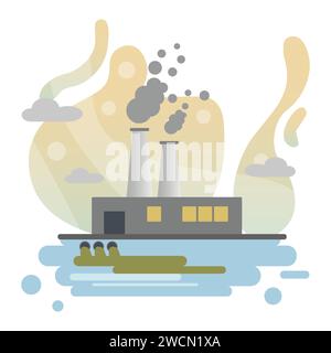 Illustration der Wasserverschmutzung. Fabrik, Wasser, Abfall, Rauch. Editierbares Vektorgrafik-Design. Stock Vektor