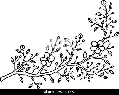 Kirsche, Sakura, Mandel, Apfel, Pflaumenfrühlingsblüte im Line Art Stil. Skizze der japanischen Blumenranch. Umrisse handgezeichnet einfache Illustration. Design eles Stock Vektor