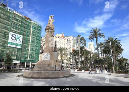 Blick auf Monumento a Canalejas am Ende der Explanada Promenade. Das Denkmal ist dem spanischen Politiker Jose de Canalejas gewidmet. Stockfoto