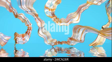 Abstrakte wellige Kristallkurven fliegen auf blauem Hintergrund 3D-Rendering ohne KI Stockfoto