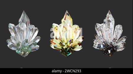 Edelstein aus Naturkristall isoliert auf schwarzem Hintergrund 3D-Rendering ohne KI generiert Stockfoto