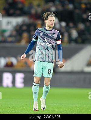 Wolverhampton, Großbritannien. Januar 2024. Mathias Jensen von Brentford, während des dritten Runde Replay Matches Wolverhampton Wanderers gegen Brentford in Molineux, Wolverhampton, Vereinigtes Königreich, 16. Januar 2024 (Foto: Cody Froggatt/News Images) in Wolverhampton, Vereinigtes Königreich am 16. Januar 2024. (Foto: Cody Froggatt/News Images/SIPA USA) Credit: SIPA USA/Alamy Live News Stockfoto