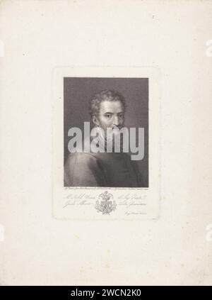 Portret Van de Kunstenar Michelangelo, Giovacchino Cantini, nach Pietro Ermini, nach Giorgio Vasari, 1815 Print Italien Papier graviert historische Personen. Porträt, Selbstporträt des Künstlers Stockfoto