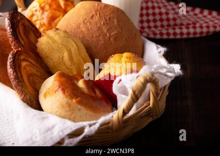 Auswahl an traditionellem mexikanischem Süßbrot, Bisquet, Chino, Oreja, Cacahuate, Hergestellt von Hand, in Mexiko heißt es Pan Dulce und darf bei nicht fehlen Stockfoto