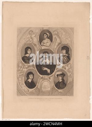 Porträts von Constantijn Huygens und seinen fünf Kindern in Medaillons, Charles Courtry, nach Adriaen Hanneman, 1856–1890 drucken Pariser Papier, das historische Personen graviert. Ornament  Kartusche Stockfoto