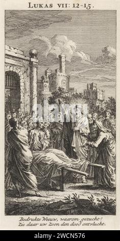 Wiederbelebung des Sohnes der Witwe von Nain, Anonym, nach Jan Luyken, 1712 Druck Amsterdamer Papier Ätzen Christus berührt das Bier des Sohnes der Witwe von Nain: Der junge Mann setzt sich auf Stockfoto