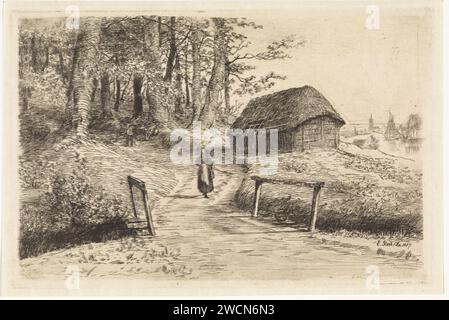 Landschaft mit Brücke und Scheune, Elias stark, 1887 Druck Eine Frau führt eine Straße, die über eine Brücke und entlang eines Schuppen führt. Nieuwer-Amstel Papierätzbrücke. Scheune Stockfoto