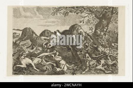 Jagd auf ein Wildschwein, Jan Cassiers, nach Frans Snijders, 1700 - 1800 Print Jagdhunde greifen ein Wildschwein an. Das Wildschwein versucht sich zu verteidigen, aber die Hunde haben es umzingelt. Nach dem Malen von: Antwerpprint-Hersteller: Südholländische Papierätzung Jagdhunde. Sport, Spiele  Tiere (+ Jagd mit Hunden). Wildschweinjagd. Eber (männliches Schwein) Stockfoto