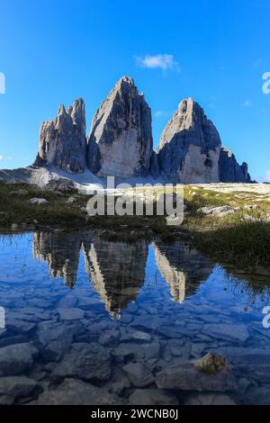 Das berühmte Wahrzeichen des Alpengipfels Tre Cime de Lavaredo mit Reflexion in den Dolomiten, Südtirol, Italien Stockfoto