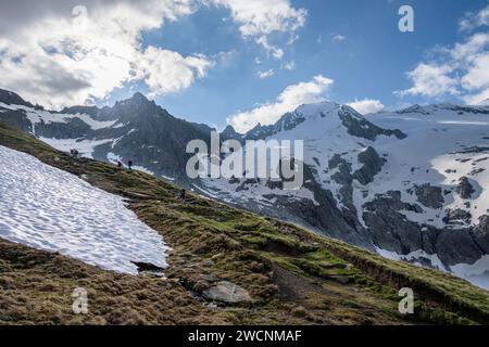 Bergsteiger auf einem Wanderweg, Aufstieg zum Schönbichler Horn, felsiger Gipfel Furtschaglspitze und Gletschergipfel großer Moeseler mit Furtschaglkees Stockfoto