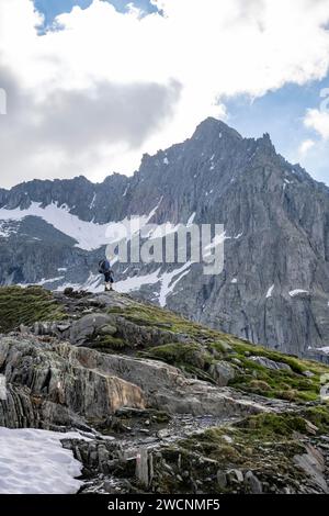 Bergsteiger auf Wanderweg, Aufstieg zum Schönbichler Horn, felsiger Gipfel Furtschaglspitze im Hintergrund, Berliner Höhenweg, Zillertaler Alpen, Tirol, Stockfoto