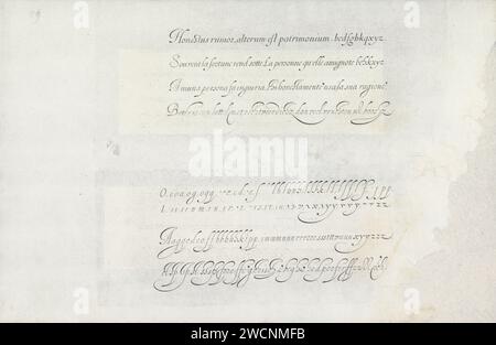 Zwei Schreibbeispiele: The Italian Letter, 1605 drucken zwei Aufführungen auf einem Album Magazin. Es geht um zwei Schreibbeispiele. Über vier Textzeilen in vier Sprachen und in italienischer Hand: Honestus Gerücht ... Unter vier Zeilen mit Unterschrankbuchstaben in derselben Hand. Die Abzüge sind Teil eines Albums. Druckerei: Haarlemafter Design: Rotterdam Papierstich Kalligraphie Stockfoto