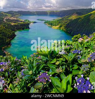 Atemberaubende Aussicht auf die Kraterseen Lagoa Verde und Lagoa Azul mit blühenden Hortensien im Vordergrund, Kraterrundwanderweg, Caldeira Stockfoto