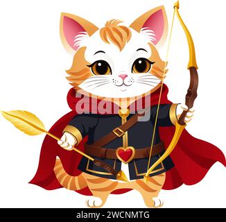 Karikaturkatze mit goldenem Bogen und Pfeil. Cat Bocher ist eine niedliche Figur in einem roten cape, üppige Kleidung mit Gürtel und Herzschnalle. Vektorillus Stock Vektor