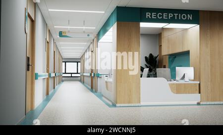Ästhetisch und sauber moderner Krankenhausempfang und Flur, Privatklinik oder Tierarzt Wartezimmer mit leeren Plakaten und Wänden. Stockfoto