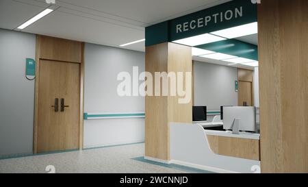 Ästhetisch und sauber moderner Krankenhausempfang und Flur, Privatklinik oder Tierarzt Wartezimmer mit leeren Plakaten und Wänden. Stockfoto
