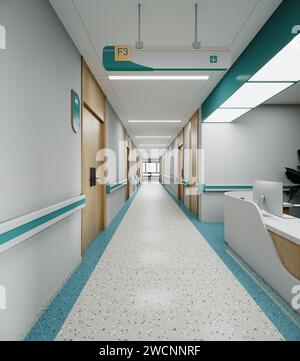 Ästhetisch und sauber moderner Krankenhausempfang und Flur, Privatklinik oder Tierarzt Wartezimmer mit leeren Plakaten und Wänden. Stockfoto