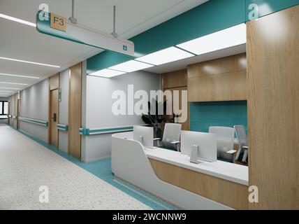 Ästhetisch und sauber moderner Krankenhausempfang und Flur, Privatklinik oder Tierarzt Wartezimmer mit leeren Plakaten und Wänden. Stockfoto