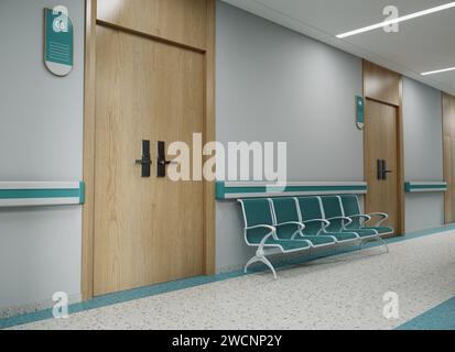 Ästhetisch und sauber moderner Krankenhausempfang und Flur, Privatklinik oder Tierarzt Wartezimmer mit leeren Plakaten und Wänden. Stockfoto