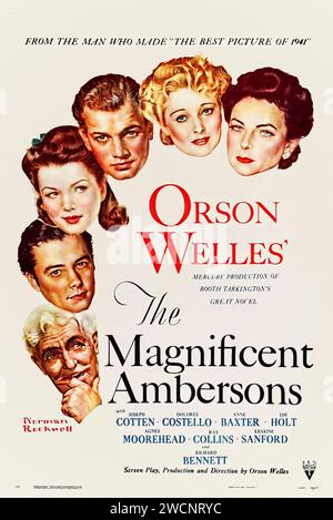 The Magnificent Ambersons (1942) unter der Regie von Orson Welles, Fred Fleck und Robert Wise mit Tim Holt, Joseph Cotton und Dolores Costello. Der verwöhnte junge Erbe des verfallenen Amberson-Vermögens kommt zwischen seiner verwitweten Mutter und dem Mann, den sie immer geliebt hat. Foto eines gerahmten Original-Posters aus dem Jahr 1942 (US-1-Blatt). ***NUR REDAKTIONELLE VERWENDUNG*** Credit: BFA / RKO Radio Pictures Stockfoto