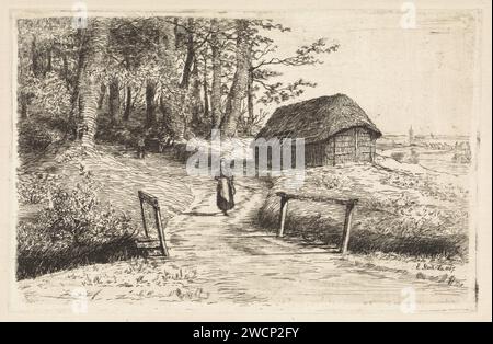 Landschaft mit Brücke und Scheune, Elias stark, 1887 Druck Eine Frau führt eine Straße, die über eine Brücke und entlang eines Schuppen führt. Nieuwer-Amstel Papierätzbrücke. Scheune Stockfoto
