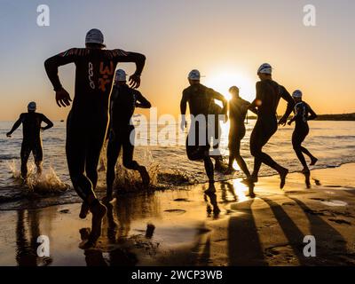 Triathleten in Neoprenanzügen, die bei einem wunderschönen Sonnenaufgang ins Meer laufen, um den Wettkampf am Strand von Gandia, Valencia, Spanien, zu starten Stockfoto