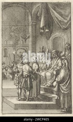 Christ for Kajafas, Jan Luyken, 1684 Print oben rechts nummeriert: Foli. 91. Amsterdamer Papier, das Christus vor dem Sanhedrin mit Kaiphas als Hohepriester und möglicherweise Annas graviert; vielleicht ein Soldat, der Christus schlagen will, weil er schweigt (Matthäus 26:57-66; Markus 14:53-64; Lukas 22:54, 22:66-71) Stockfoto