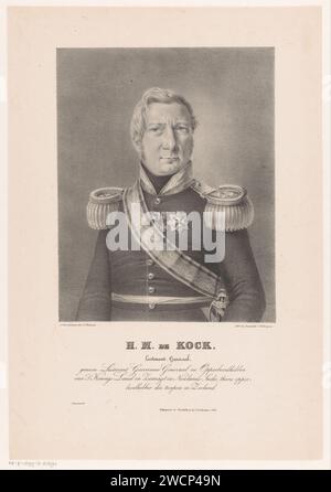 Porträt von Hendrik Merkus de Kock, Cornelis Kimmel, 1832 Druck die dargestellte Person trägt eine Militäruniform mit Schulterklappen mit drei Sternen, drei Ritterbefehlen und einem Schärpe. Unter dem Hochformat befinden sich Name und Funktionen. Drucker: AmsterdamVerlag: Middelburger Papier historische Personen (+ halblanges Porträt). Ritterorden Stockfoto