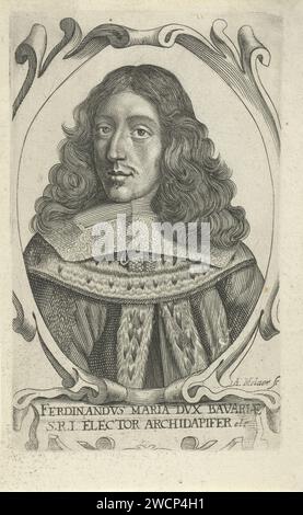 Porträt von Ferdinand Maria van Beieren, Adriaen Millaert, 1654 - 1668 Druck Porträt von Kurfürst Ferdinand Maria van Bayern in einem ornamentalen Rahmen. Antwerpener Papiergravur Stockfoto