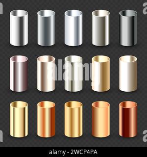 Stahl- und Kupferrohrsammlung. Baumaterial, Rohrleitung. Industrie und Technik. Polierte Metallstruktur mit silbernem Farbverlauf. Vektor Stock Vektor