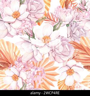 Nahtloses tropisches Blumenmuster, pastellfarbene trockene Palmenblätter, tropische Boho-Blume, Rose. Aquarelle Illustration für Mode, Textil, Struktur Stockfoto