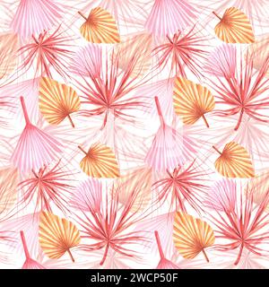 Tropische Palmen-Boho-Blätter mit trockenem, getrocknetem Aquarellmuster. Handgemalte exotische Blätter Illustration. Blumenillustration für Design, Druck, Stoff oder Stockfoto