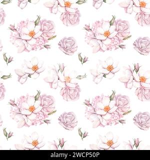 Nahtloses tropisches Blumenmuster, pastellfarbene trockene Palmenblätter, tropische Boho-Blume, Rose. Aquarelle Illustration für Mode, Textil, Struktur Stockfoto