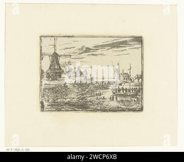 Landschaft mit Mühle und Schiff in Haven, Albertus Brondgeest, 1796 - 1849 Druck niederländisches Papier. Ätzwasserlauf. Windmühle Stockfoto