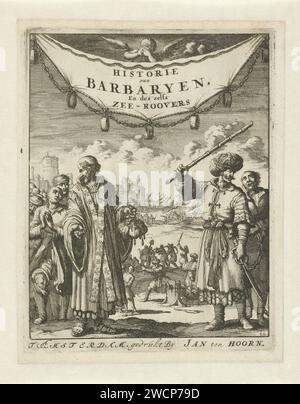 Spiritueller und nordafrikanischer Führer mit christlichen Sklaven, Jan Luyken, 1684 Druck das christliche spirituelle, vermutlich ein Trinitarier, hält einen Stokbeurs mit Lösegeld für die Freilassung europäischer Sklaven in Nordafrika. Solche sklavischen Menschen wurden als „christliche Sklaven“ bezeichnet. Hinter ihm stehen dankbare christliche Sklaven. Rechts ein islamischer nordafrikanischer Führer, der einen christlichen Sklaven an einer Kette hält. Im Hintergrund ein christlicher Sklave, der gefoltert wird, christliche Sklaven mit Werkzeugen, Schiffe und eine nordafrikanische Hafenstadt. Amsterdamer Papierätzorganisation, Funktionäre und Würdenträger im römischen Kathat Stockfoto